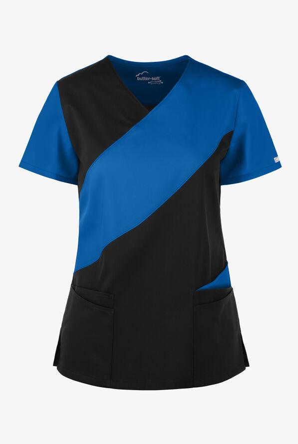 Butter-Soft STRETCH Women's 5-Pocket Asymmetric Scrub Top - Black/Royal - 1