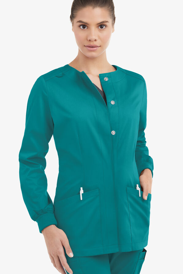 Butter-Soft STRETCH Women's 2-Pocket Long Sleeve Snap Front Scrub Jacket - Teal - 2