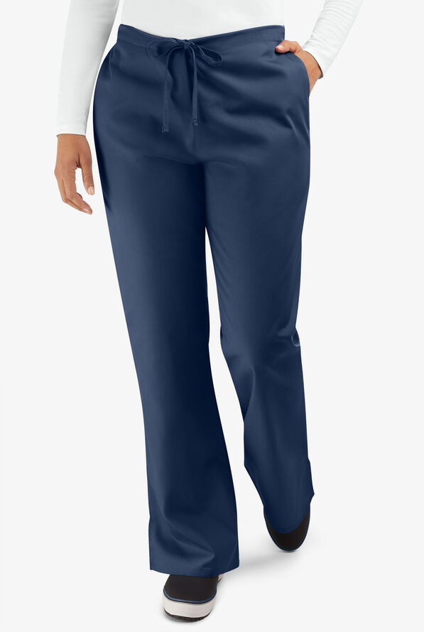 Cherokee Workwear Women's 3-Pocket Flare Leg Drawstring Scrub Pants - Petite - Navy - 1