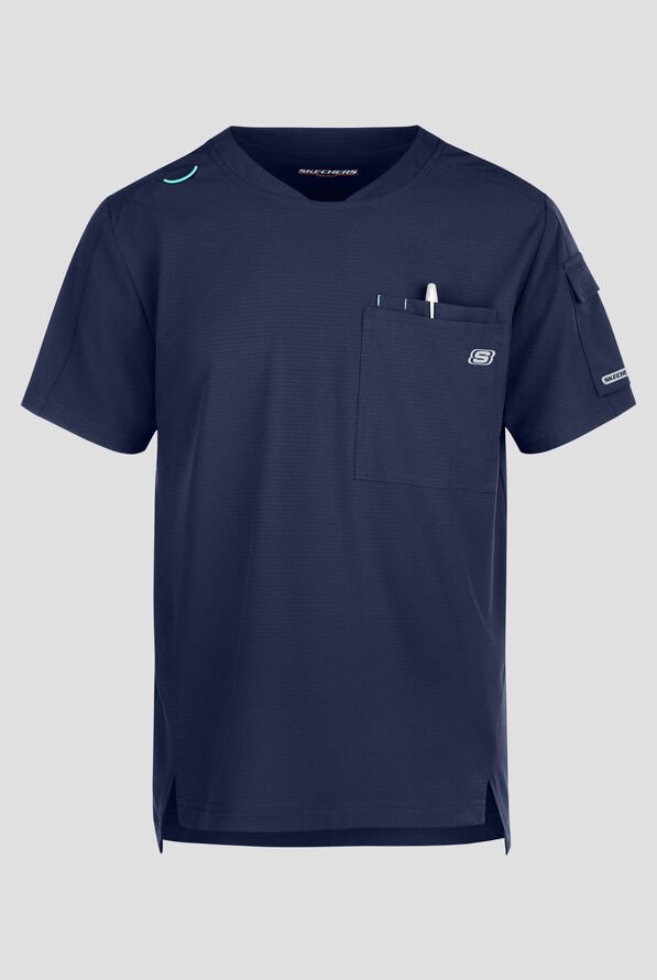 Skechers by Barco Ripstop Station Men's 3-Pocket STRETCH Notched Hem Round Neck Scrub Top - Navy - 1