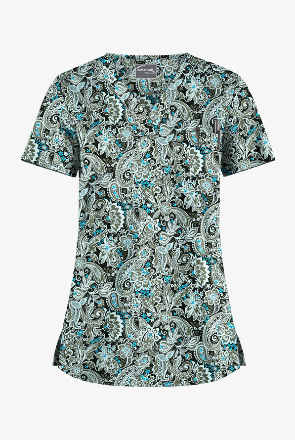 Butter-Soft Romantic Paisley Black Printed Women's 1-Pocket V-Neck Tuck ...