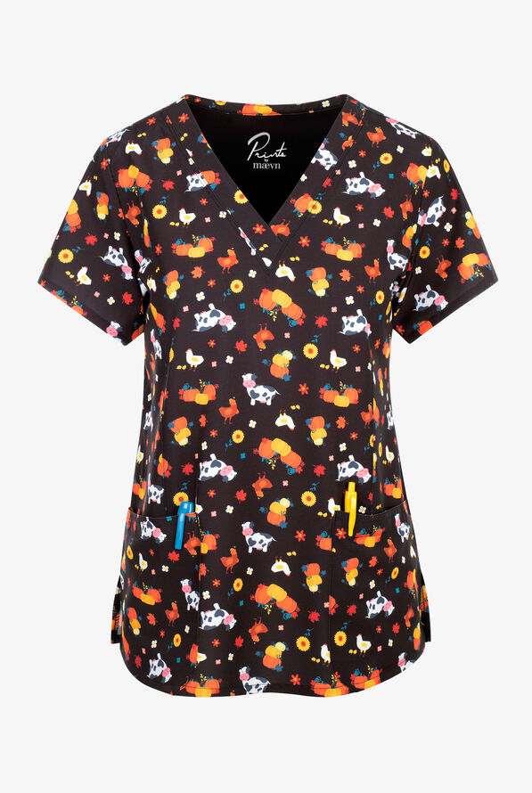 Maevn Fall Vibes Women's 3-Pocket STRETCH V-Neck Print Scrub Top - null - 1