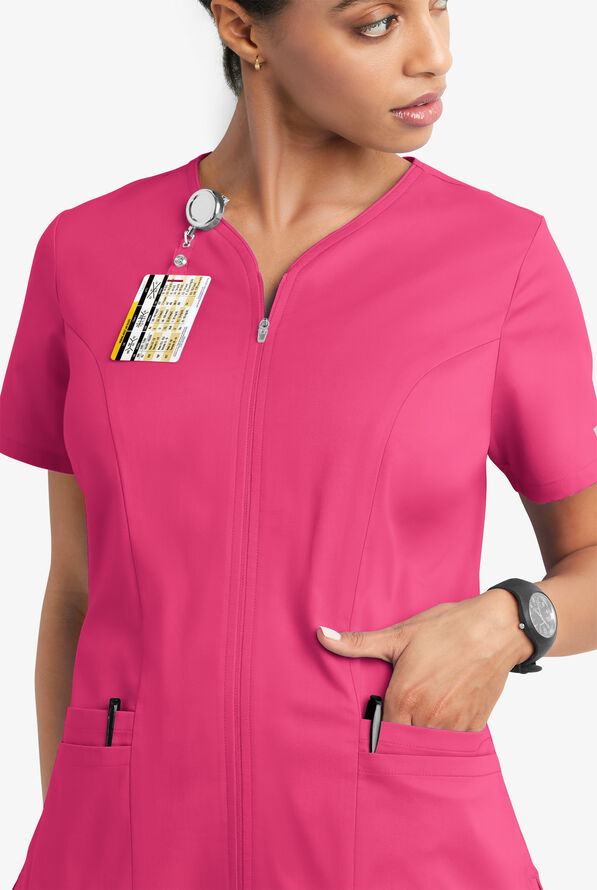Butter-Soft STRETCH Women's 4-Pocket Smooth Face Zipper Scrub Top - Fuchsia - 3