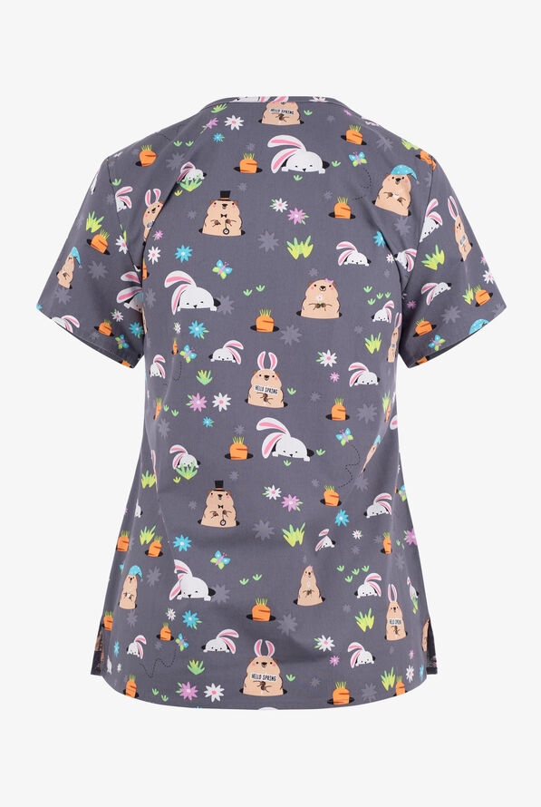 Zoe & Chloe Hello Spring Rabbits and Gophers Women's 2-Pocket V-Neck Print Scrub Top - null - 2