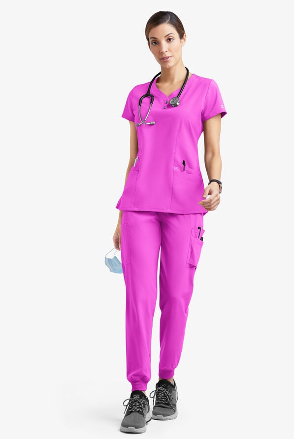 Easy STRETCH Demi Women's 4-Pocket Henley Scrub Top - Electric Fuchsia - 2