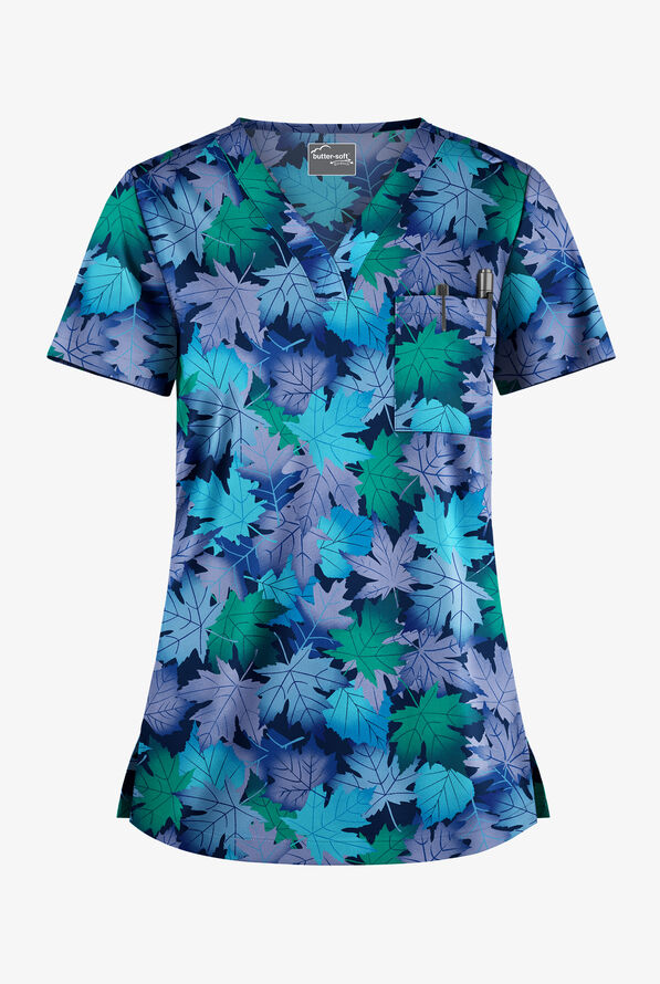 Butter-Soft STRETCH Autumn Foliage Navy Women's 1-Pocket V-Neck Print Scrub Top - null - 1