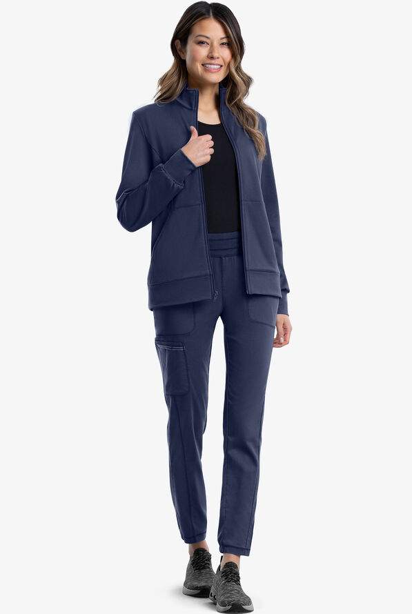 Cherokee Workwear Revolution Women's 3-Pocket STRETCH Fleece Inner Zip Front Scrub Jacket - Navy - 2