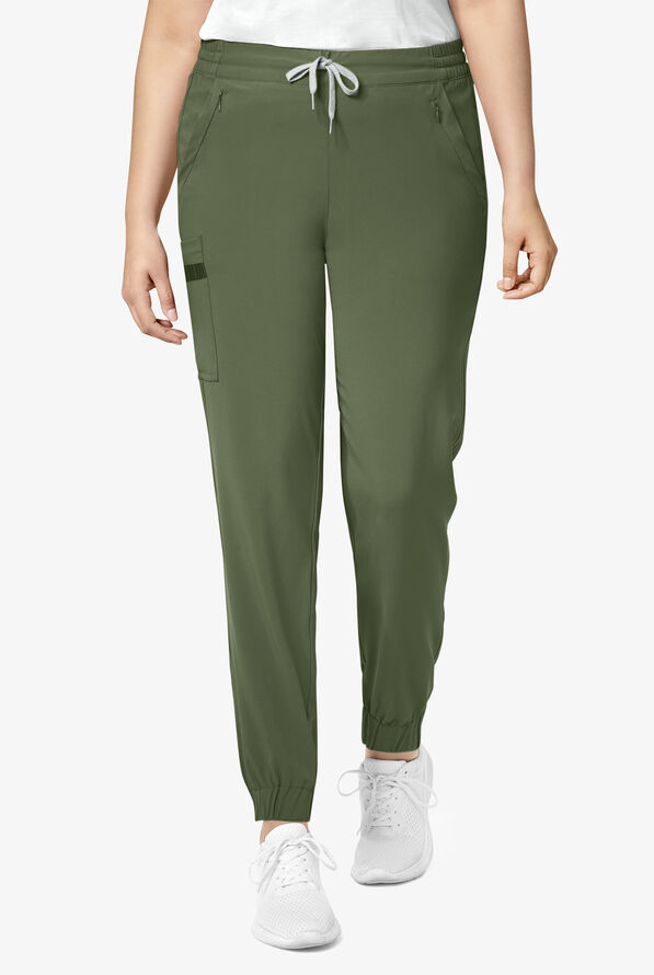Wink Renew Women's 7-Pocket STRETCH Flat Front Drawstring Cargo Jogger Scrub Pants - Petite - Olive - 1