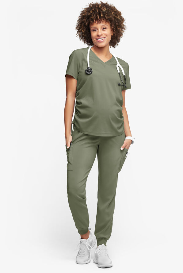 Easy STRETCH Chrissy Women's Maternity 4-Pocket Tapered Leg Jogger Scrub Pants - Olive Leaf - 5