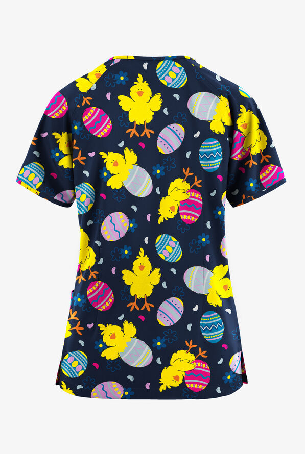 Butter-Soft Originals Easter Morning Navy Women's 3-Pocket Mock Wrap Raglan Sleeve Printed Scrub Top - null - 2