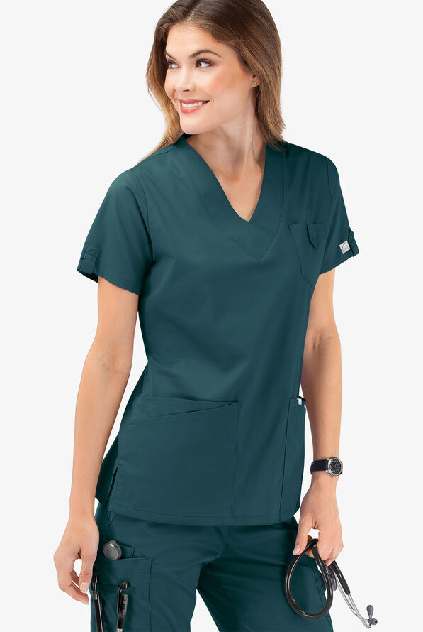 Butter-Soft STRETCH Women's 6-Pocket V-Neck Scrub Top - Caribbean Blue - 6