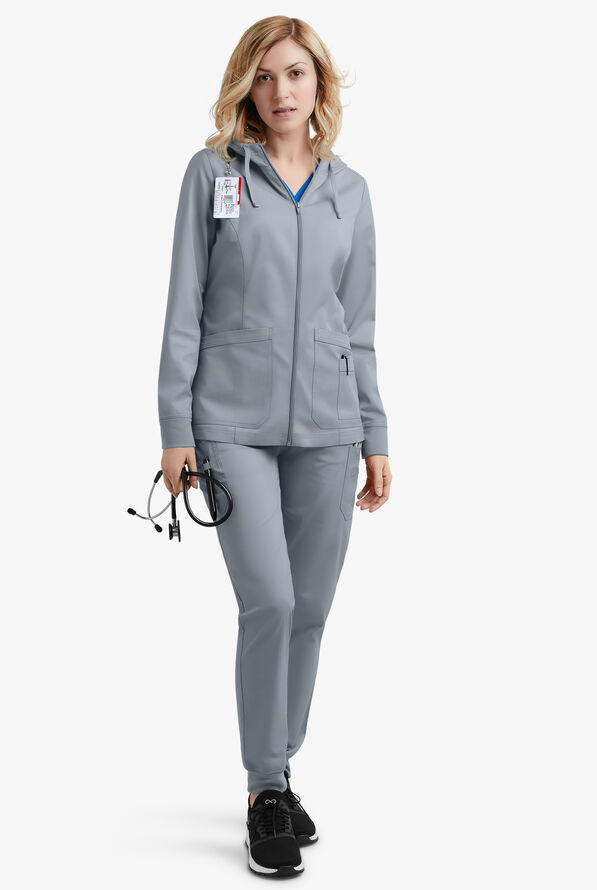 Butter-Soft STRETCH Women's 3-Pocket Zip-Front with Cozy Knit Hood and Trim Scrub Jacket - Silver - 2