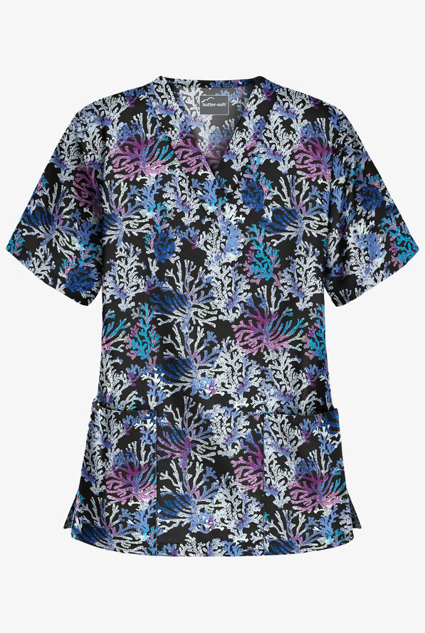 Butter-Soft Coral Reef Black Printed Women's 2-Pocket V-Neck Scrub Top - null - 1