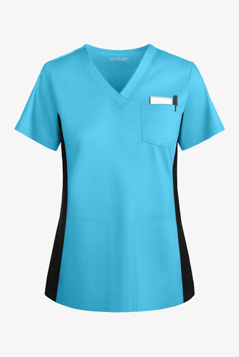 Blusa m&eacute;dica UA Flex2 STRETCH con cuello en V y paneles de tejido para mujer