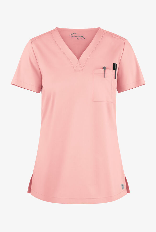 Butter-Soft STRETCH Women's 2-Pocket V-Neck Tuck-In Scrub Top - Rose Water - 1