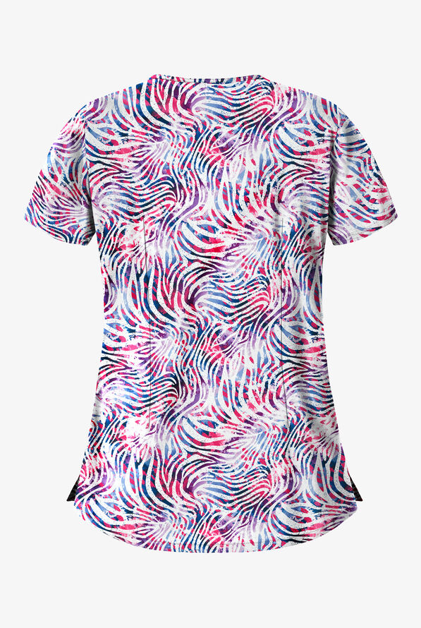 Butter-Soft Abstract Zebra Fuchsia Women's 5-Pocket Rounded V-Neck Print Scrub Top - null - 2