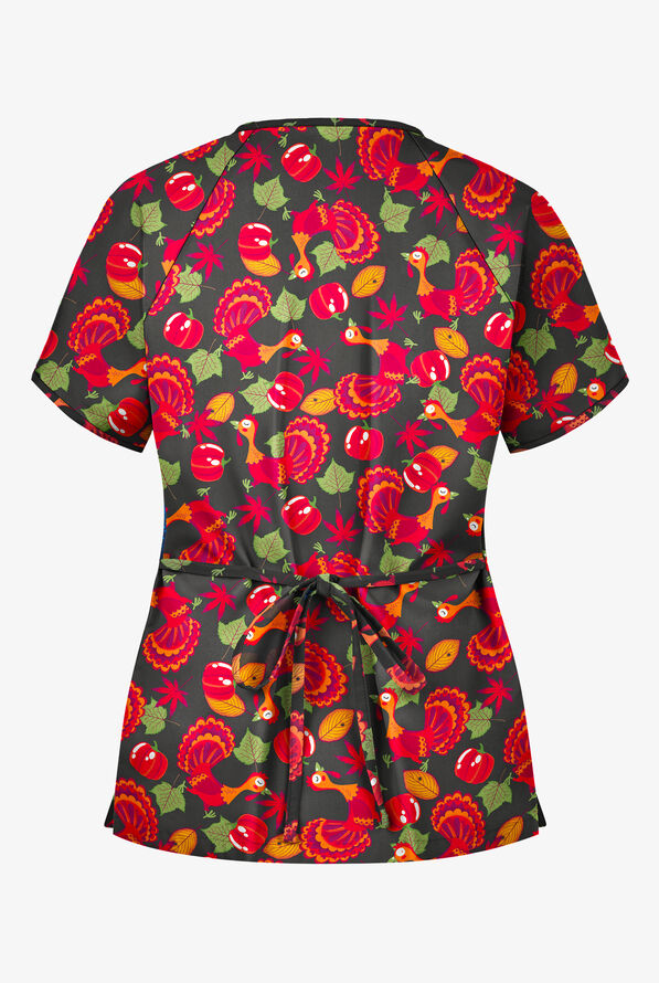 Butter-Soft Thanksgiving Morning Women's 2-Pocket Mock Wrap Print Scrub Top - null - 2