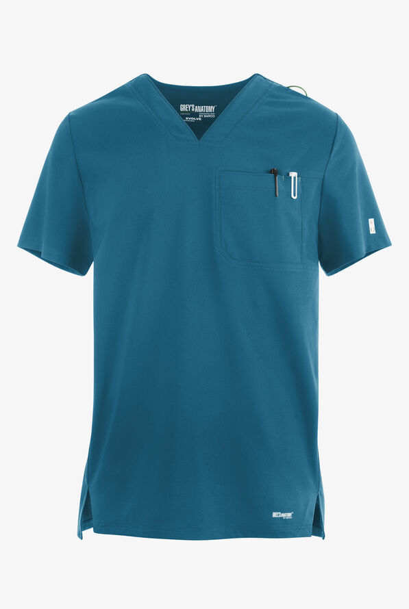 Grey's Anatomy by Barco Evolve STRETCH Journey Men's 1-Pocket Tuck In V-Neck Scrub Top - Bahama Blue - 1