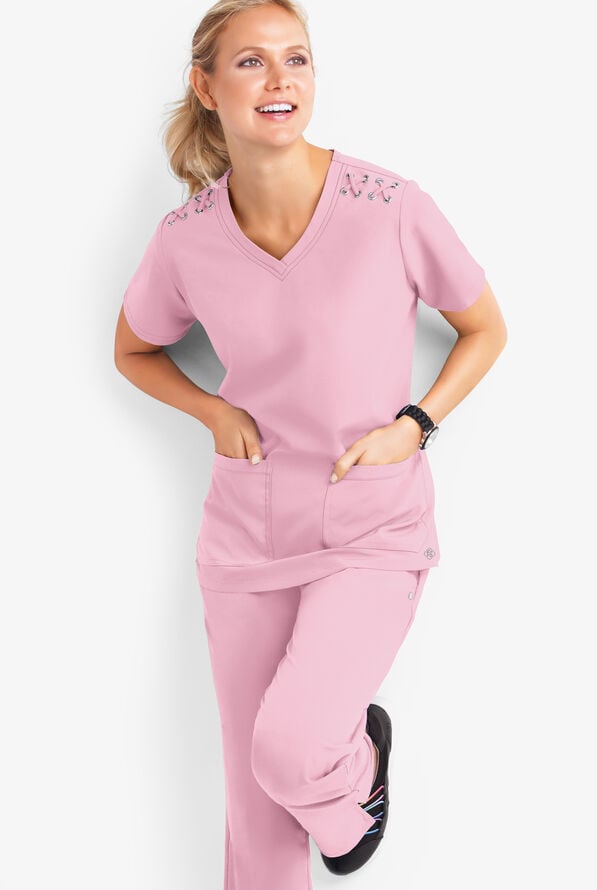 Easy STRETCH Leila Women's 3-Pocket Lace Up Grommet Scrub Top - Pink Peony - 2