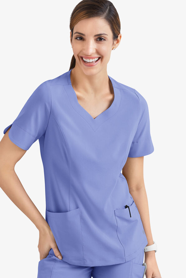 Blusa m&eacute;dica Easy STRETCH Aisha con escote coraz&oacute;n y 2 bolsillos para mujer - Ceil Blue - 5