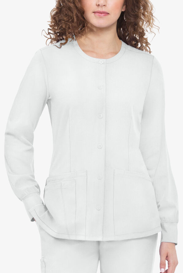 HH Works by Healing Hands Megan Women's 4-Pocket STRETCH Round Neck Warm-Up Scrub Jacket - White - 3