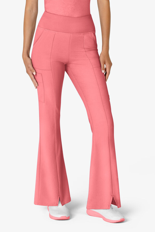 Wink Renew Women's 7-Pocket STRETCH Yoga Waist Flare Notch Leg Cargo Scrub Pants - Paradise Pink - 1