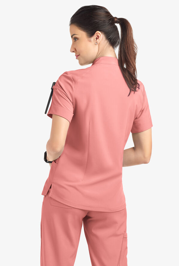 Blusa médica Easy STRETCH Jen con cremallera en el cuello y 4 bolsillos para mujer - Autumn Coral - 4
