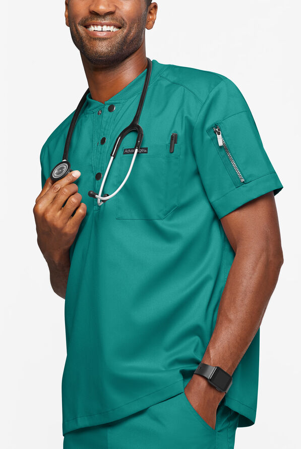 Advantage STRETCH Men's 2-Pocket Short Sleeve Henley Scrub Top - Teal - 2