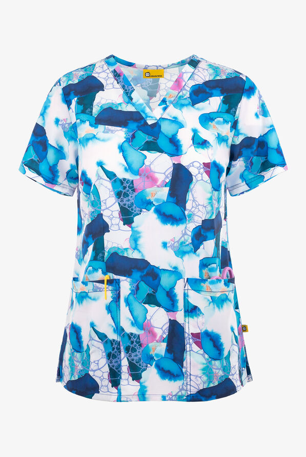  WonderWink Lagoon Floral Women's 3-Pocket STRETCH V-Neck Print Scrub Top - null - 1