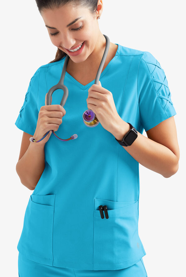 Easy STRETCH Kylie Woman's 5 Pocket V-Neck With Criss-Cross Detail Scrub Top - Turquoise - 3