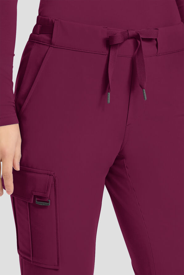 Healing Hands Quest Blair Women's 6-Pocket STRETCH Flare Leg Drawstring Cargo Scrub Pants - Petite - Wine - 2