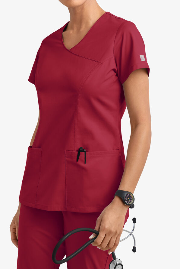 Butter-Soft STRETCH Women's 3-Pocket V-Neck Mock Wrap Scrub Top - Ruby - 2
