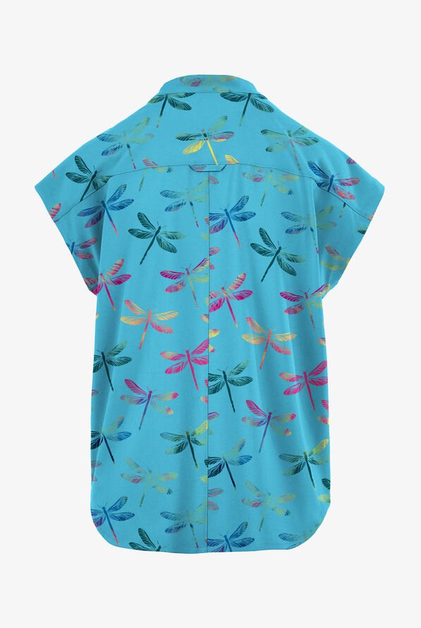 Butter-Soft STRETCH Dragonfly Dance Turquoise Women's Dolman Print Scrub Top - null - 2