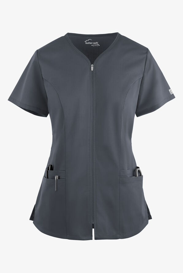 Butter-Soft STRETCH Women's 4-Pocket Smooth Face Zipper Scrub Top - Pewter - 1