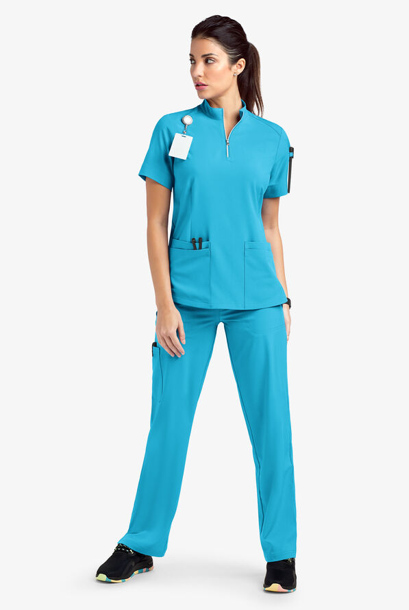 Easy STRETCH Jen Women's 4-Pocket Zip-Neck Short Sleeve Scrub Top - Turquoise - 2