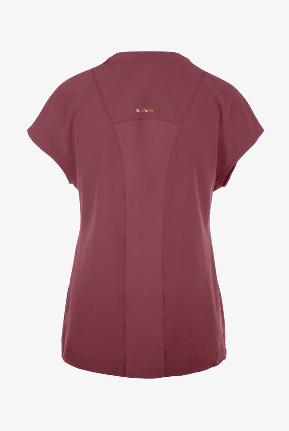 Infinity GNR8 Women's 2-Pocket STRETCH Rib-Knit Trim Dolman Sleeve V-Neck Scrub Top - Plum Velvet - 2