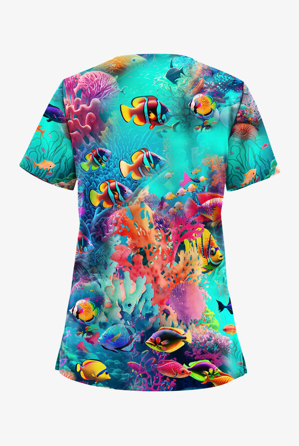 Butter-Soft STRETCH Underwater Paradise Turquoise Women's 2-Pocket V-Neck Print Scrub Top - null - 2