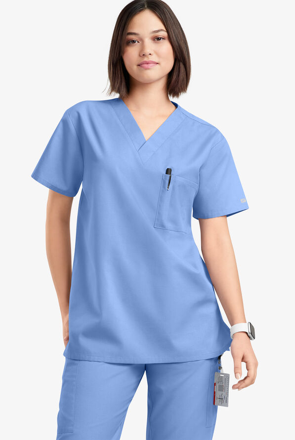 Blusa médica unisx Butter-Soft Originals con cuello en V y 2 bolsillos - Ceil Blue - 2