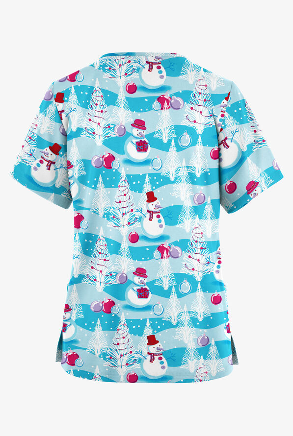 Blusa médica estampada Butter-Soft Originals Frosty Holiday Turquoise con cuello en V y 2 bolsillos para mujer - null - 2