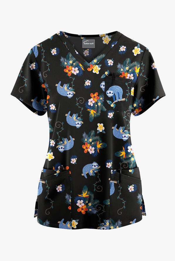 Butter-Soft Originals Nap Time Women's 7-Pocket Curved V-Neck Print Scrub Top - null - 1