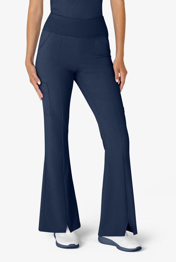 Wink Renew Women's 7-Pocket STRETCH Yoga Waist Flare Notch Leg Cargo Scrub Pants - Navy - 1