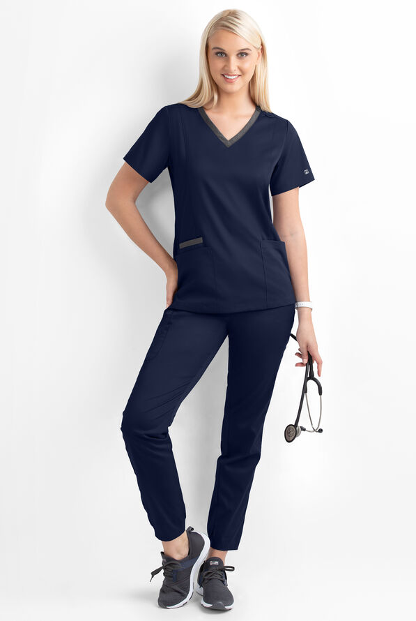 Maevn Matrix Women's 3-Pocket STRETCH Heather V-Neck Scrub Top - Navy/Heather Grey - 4