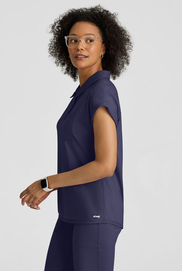 Grey's Anatomy by Barco Knit STRETCH Renew Women's 1-Pocket Dolman Sleeve Polo Scrub Top - Indigo - 6