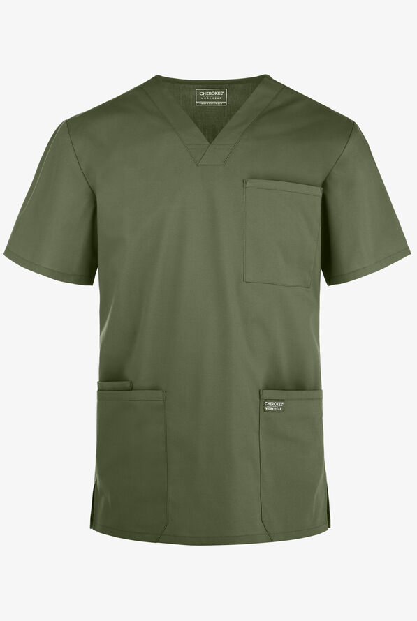 Cherokee Workwear Professionals Men's 4-Pocket STRETCH V-Neck Scrub Top - Olive - 1