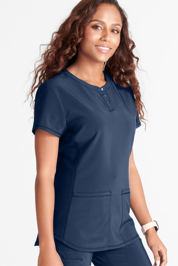 Cherokee Women's 2-Pocket STRETCH Rib-Knit Side Snap Henley Scrub Top ...