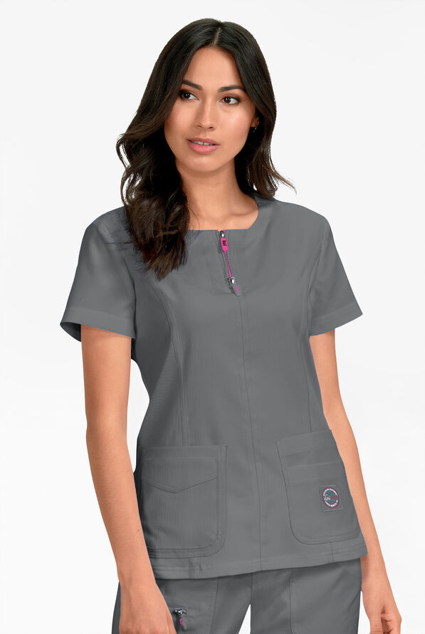 koi Lite&trade; Serenity Women's 4-Pocket Double Zipper Scrub Top - Charcoal - 2