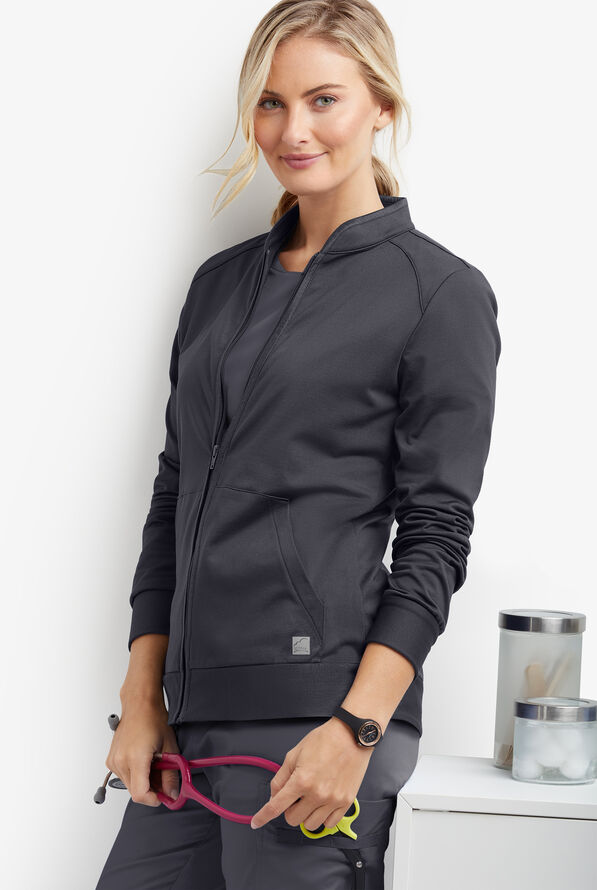 Butter-Soft STRETCH Women's 2-Pocket Technical Knit Zip Front Scrub Jacket - Pewter - 4