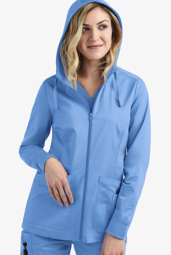 Butter-Soft STRETCH Women's 3-Pocket Zip-Front with Cozy Knit Hood and Trim Scrub Jacket - Ceil Blue - 3