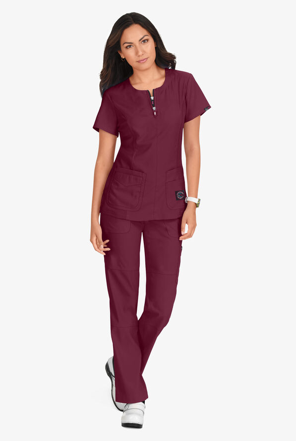 koi Lite™ Serenity Women's 4-Pocket Double Zipper Scrub Top - Wine - 5