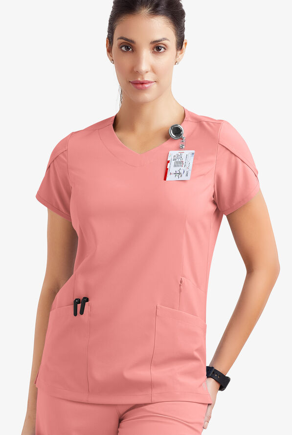 Blusa m&eacute;dica Easy STRETCH Daisy con cuello en V y 4 bolsillos para mujer - Autumn Coral - 3